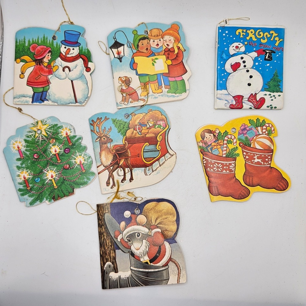 Vintage Mini Christmas Book Ornaments Lot of 7 Frosty Santa Mouse Cardboard